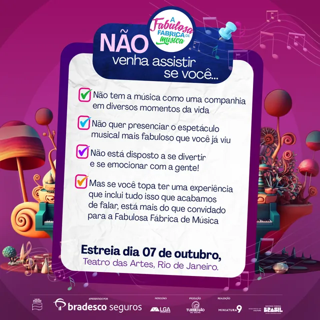 Arte para redes sociais da A Fabulosa Fábrica de Música: Não venha assistir se você...