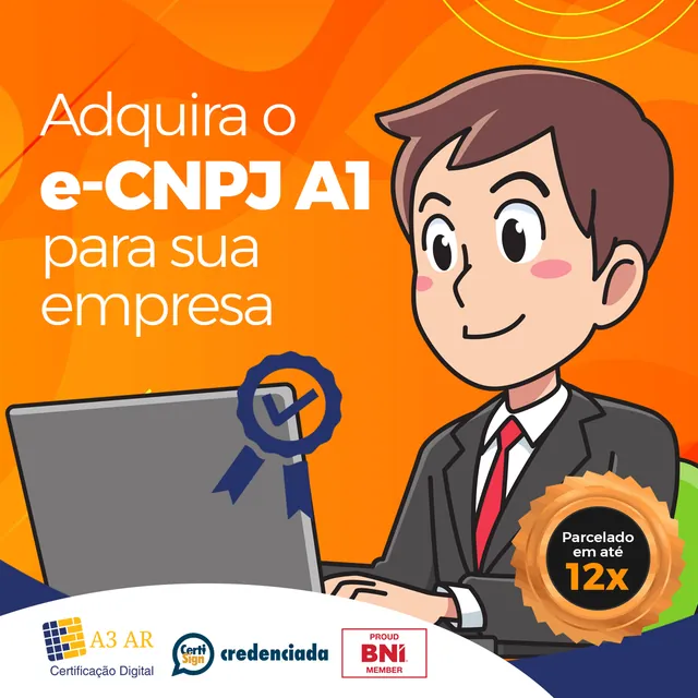 Arte para redes sociais da A3AR Certificação Digital: Adquira o e-CNPJ A1 para sua empresa