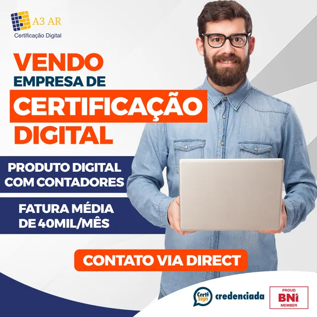 Arte para redes sociais da A3AR Certificação Digital: Vendo empresa de certificação digital
