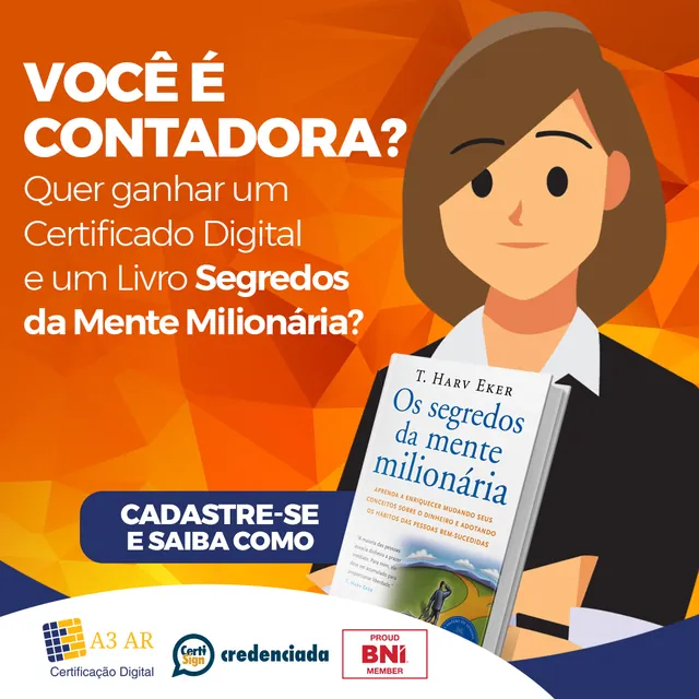 Arte para redes sociais da A3AR Certificação Digital: Você é contadora? Ganhe um certificado