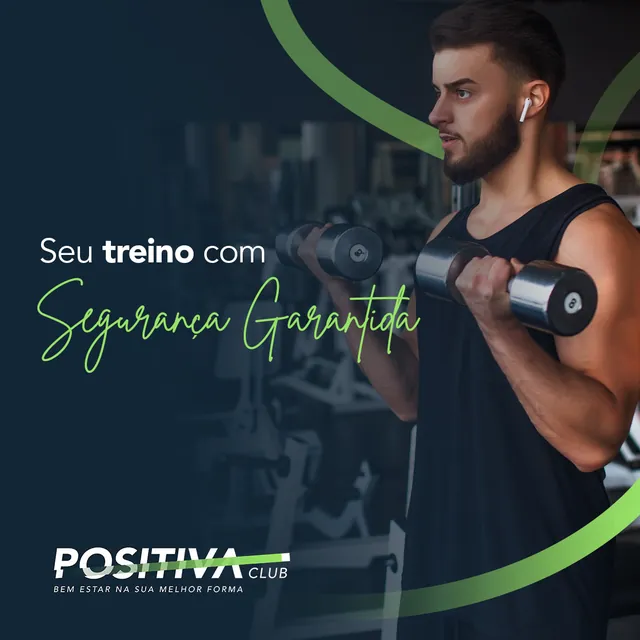 Arte para redes sociais da Positiva Club: Seu treino com segurança garantida