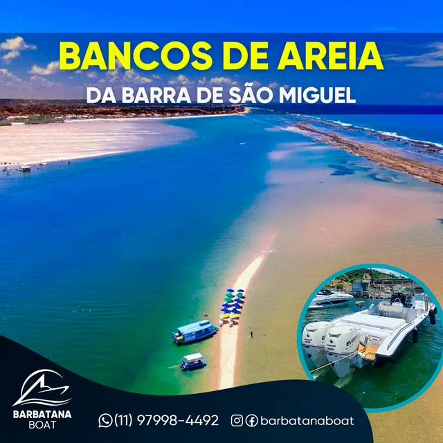 Arte para redes sociais da Barbatana Boat: Bancos de areia da Barra de São Miguel