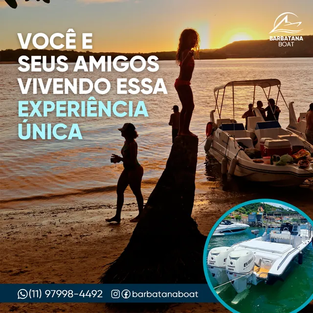 Arte para redes sociais da Barbatana Boat: Viva essa experiência com os amigos