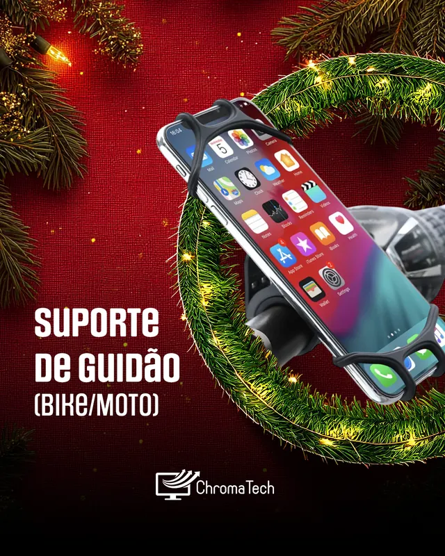 Arte para redes sociais da ChromaTech: Suporte de guidão para moto e bike