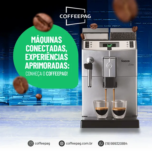 Arte para redes sociais da CoffeePag: Máquinas conectadas, experiências aprimoradas