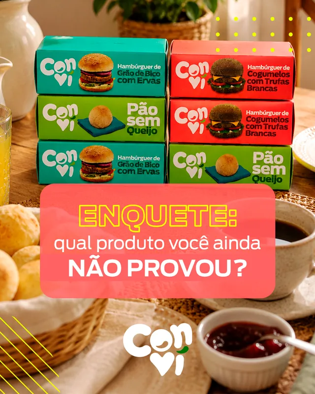 Arte para redes sociais da ConviFoods: Enquete: qual produto você ainda não provou?