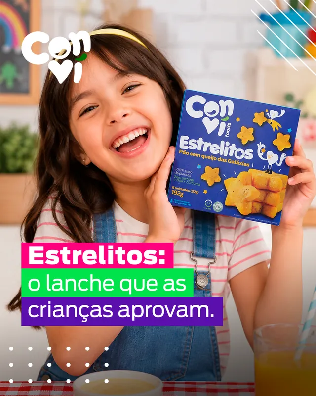 Arte para redes sociais da ConviFoods: Estrelitos, o lanche que as crianças aprovam