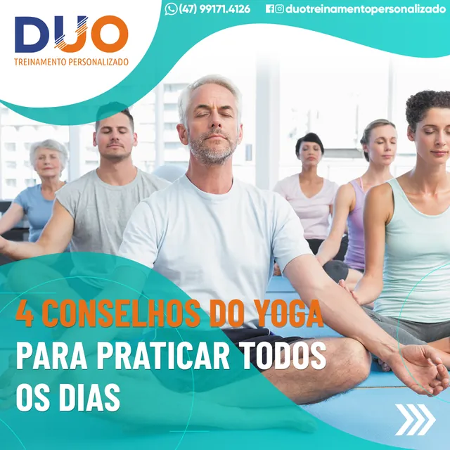 Arte para redes sociais da Duo Treinamento: 4 conselhos do yoga para praticar todos os dias