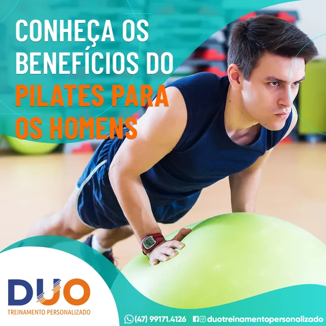 Arte para redes sociais da Duo Treinamento: Benefícios do pilates para os homens
