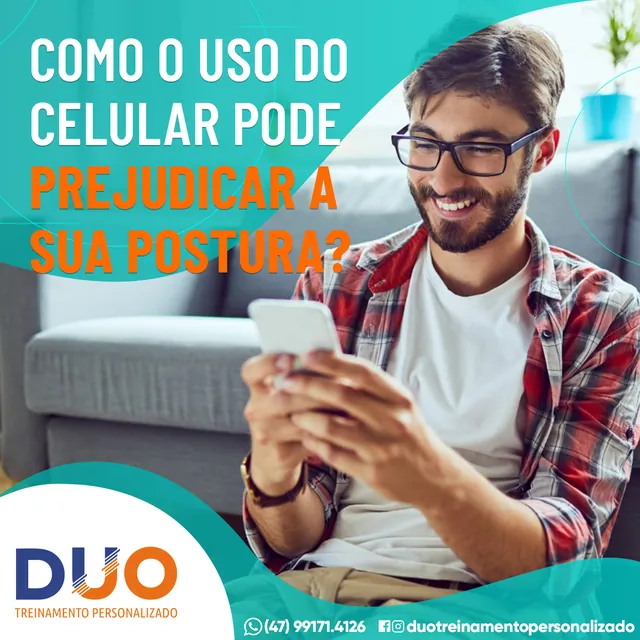 Arte para redes sociais da Duo Treinamento: O celular pode prejudicar a sua postura