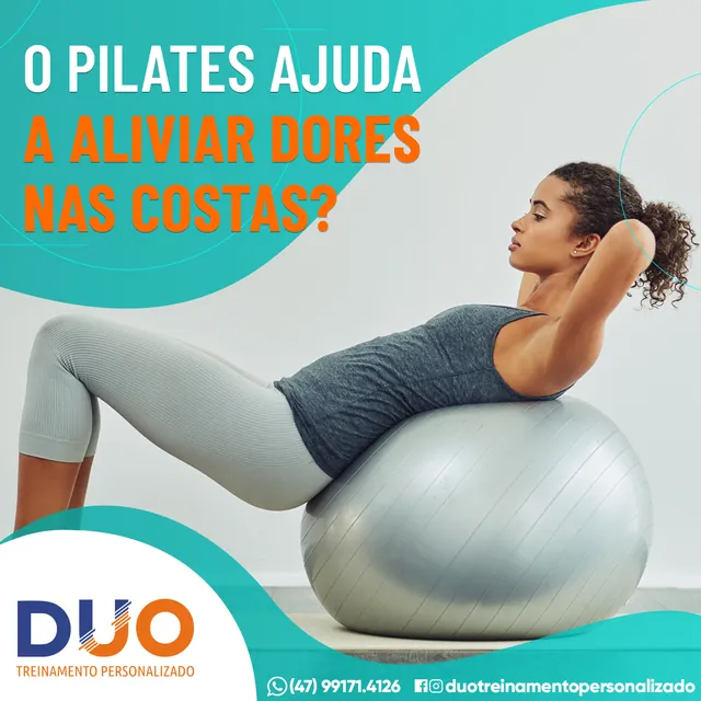 Arte para redes sociais da Duo Treinamento: O pilates ajuda a aliviar dores nas costas