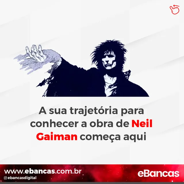 Arte para redes sociais da eBancas: A trajetória de Neil Gaiman