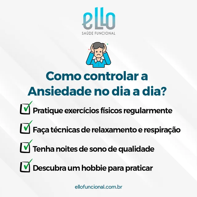 Arte para redes sociais da Ello Saúde Funcional: Como controlar a ansiedade no dia a dia