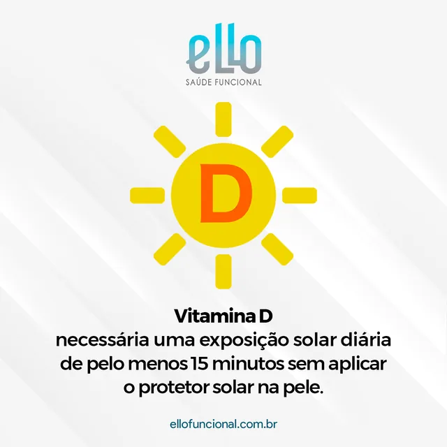 Arte para redes sociais da Ello Saúde Funcional: Vitamina D e exposição ao sol
