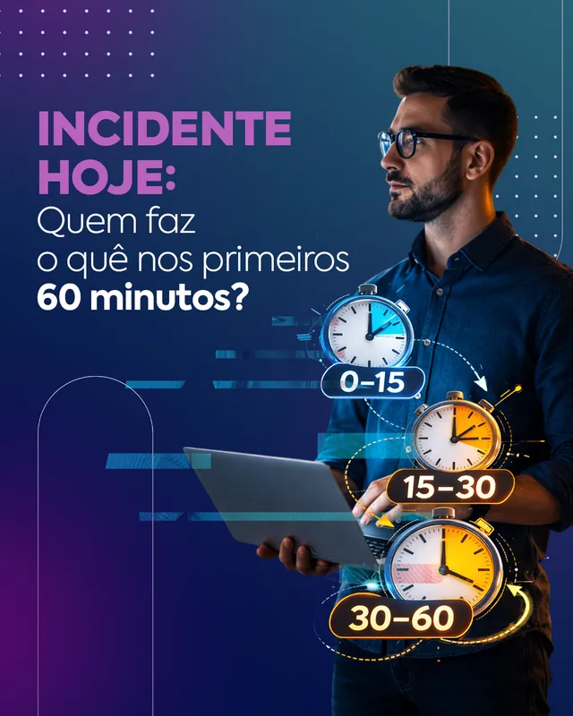 Arte para redes sociais da Equipe4Web: Incidente hoje: quem faz o quê nos primeiros 60 minutos