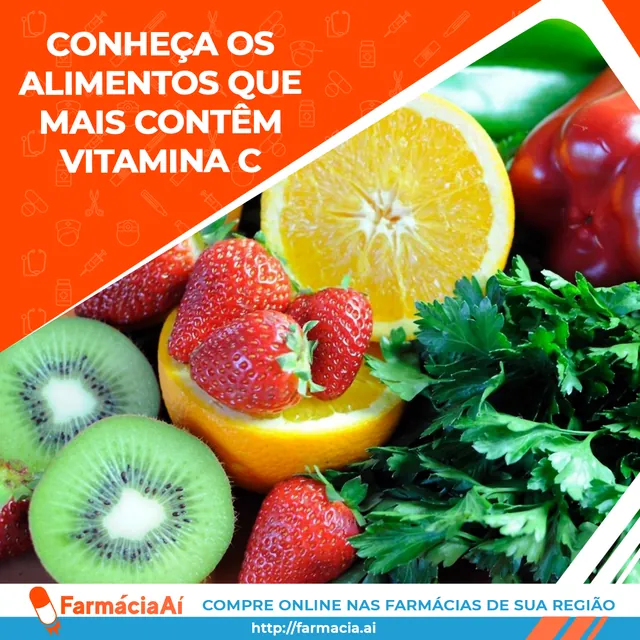 Arte para redes sociais da Farmácia Aí: Alimentos que mais contêm vitamina C