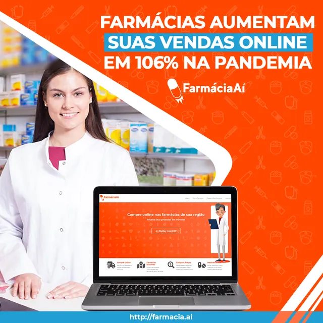 Arte para redes sociais da Farmácia Aí: Farmácias aumentam as vendas online em 106% na pandemia