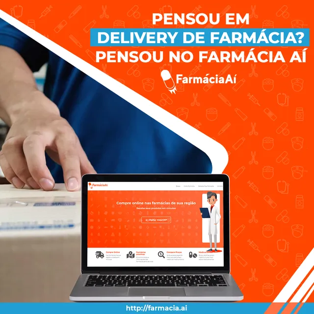 Arte para redes sociais da Farmácia Aí: Pensou em delivery de farmácia?