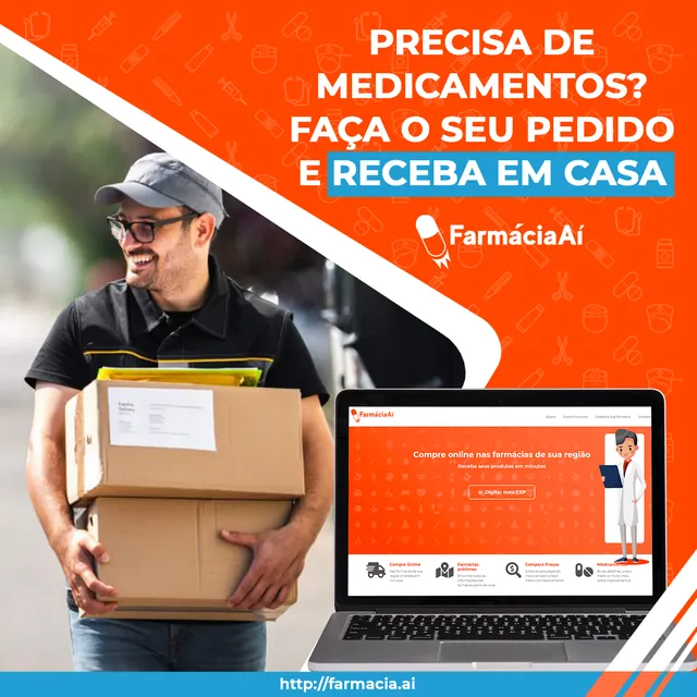 Arte para redes sociais da Farmácia Aí: Precisa de medicamentos? Receba em casa
