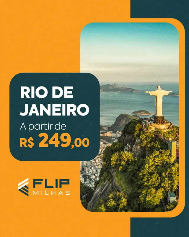 Arte para redes sociais da Flip Milhas: Rio de Janeiro a partir de R$ 249