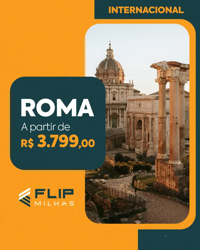 Arte para redes sociais da Flip Milhas: Roma a partir de R$ 3.799