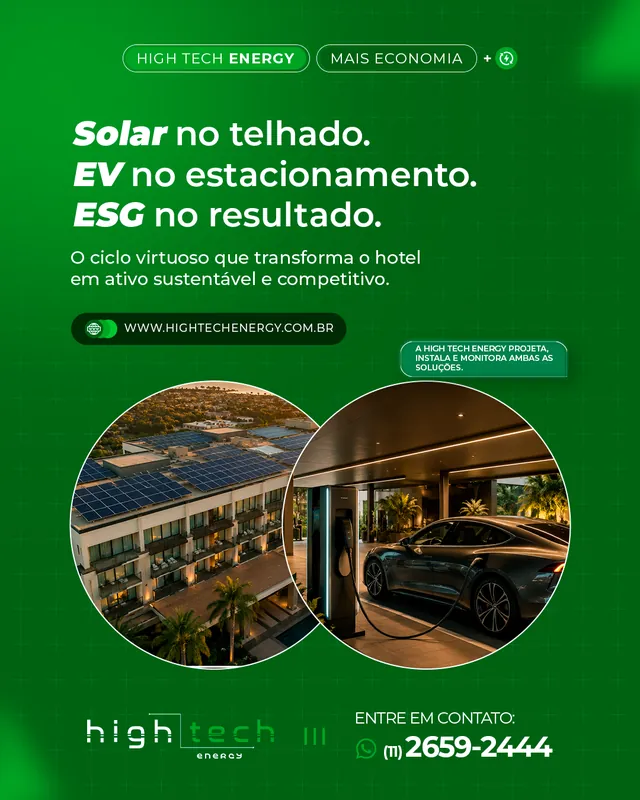 Arte para redes sociais da High Tech Energy: Solar no telhado, EV no estacionamento, ESG no resultado