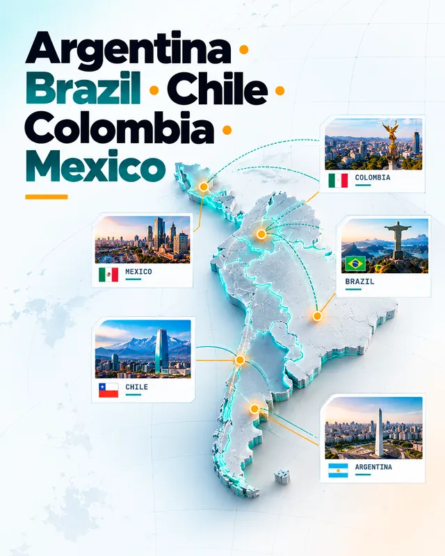 Arte para redes sociais da Hype Telecom: Argentina, Brasil, Chile, Colômbia e México