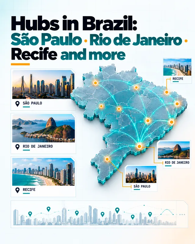 Arte para redes sociais da Hype Telecom: Hubs no Brasil: São Paulo, Rio, Recife e mais
