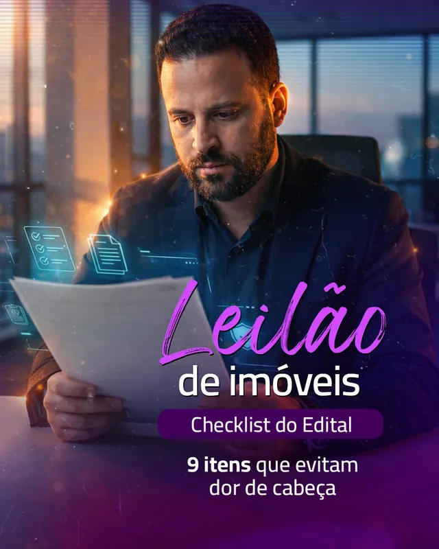 Arte para redes sociais da JM Assessoria Imobiliária: Leilão de imóveis: checklist do edital
