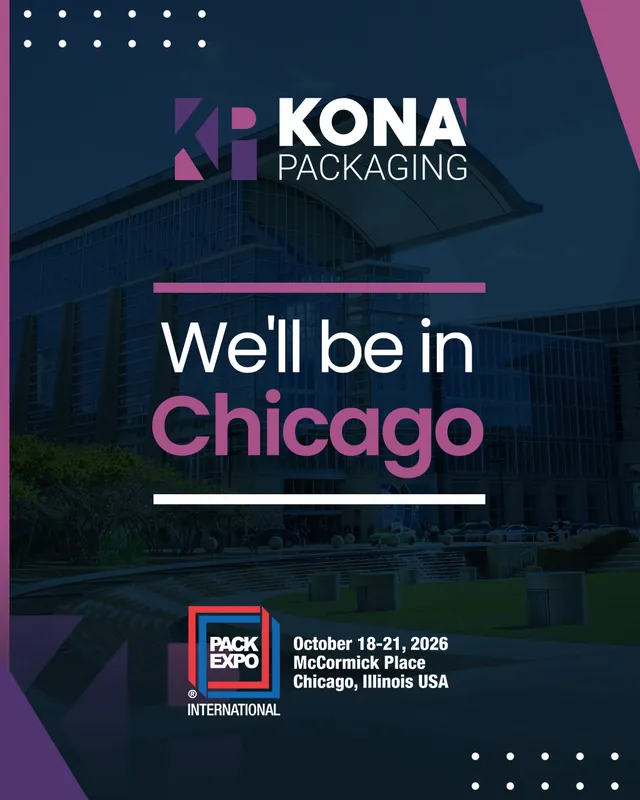 Arte para redes sociais da Kona Packaging: Estaremos em Chicago