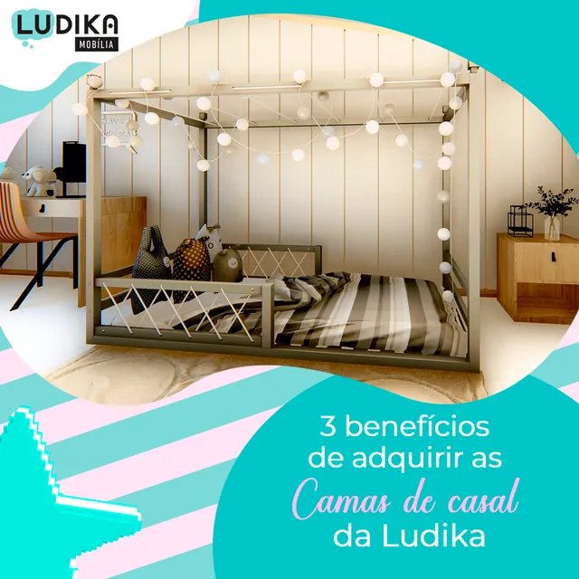 Arte para redes sociais da Ludika Móveis: 3 benefícios das camas de casal