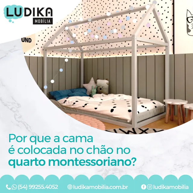 Arte para redes sociais da Ludika Móveis: Por que a cama fica no chão no quarto montessoriano?