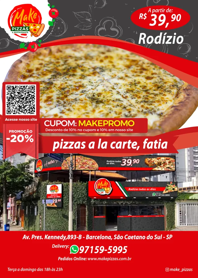 Arte para redes sociais da Make Pizza: Rodízio por R$ 39,90 com cupom de desconto