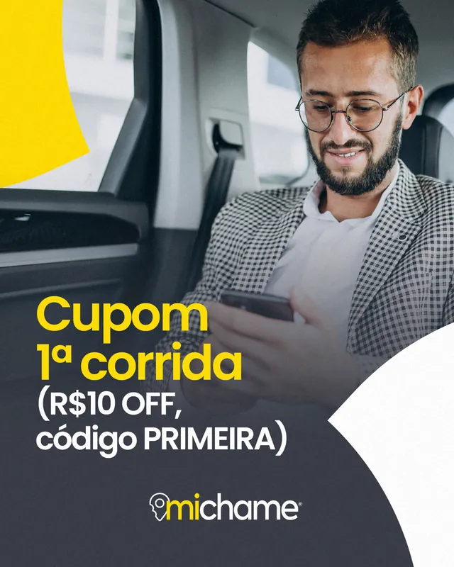 Arte para redes sociais da MiChame: Cupom na primeira corrida