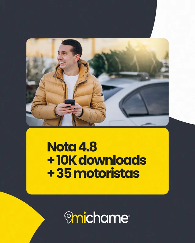 Arte para redes sociais da MiChame: Nota 4.8 e mais de 10 mil downloads
