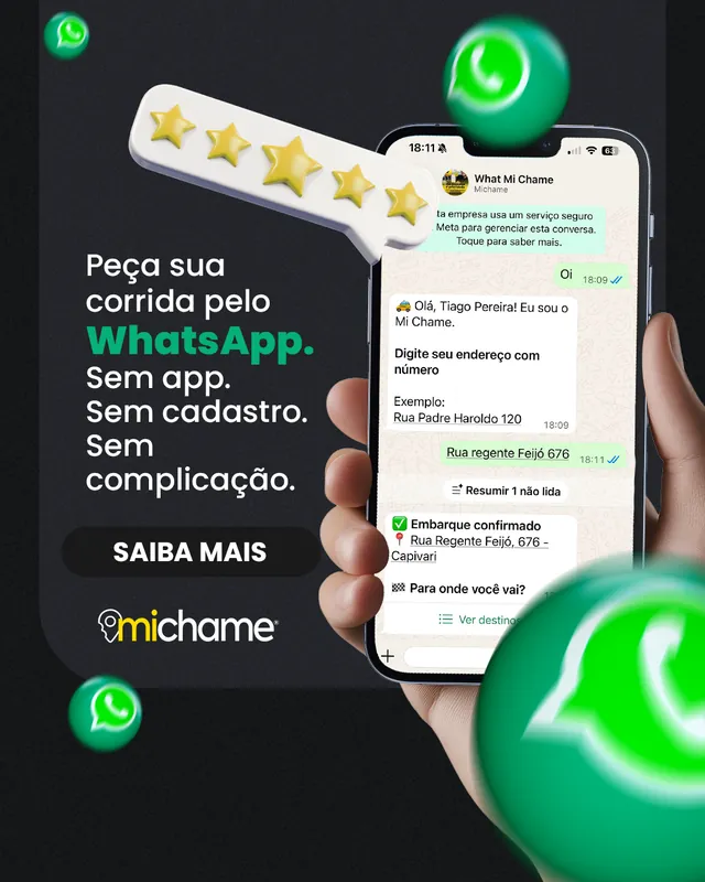 Arte para redes sociais da MiChame: Peça sua corrida pelo WhatsApp