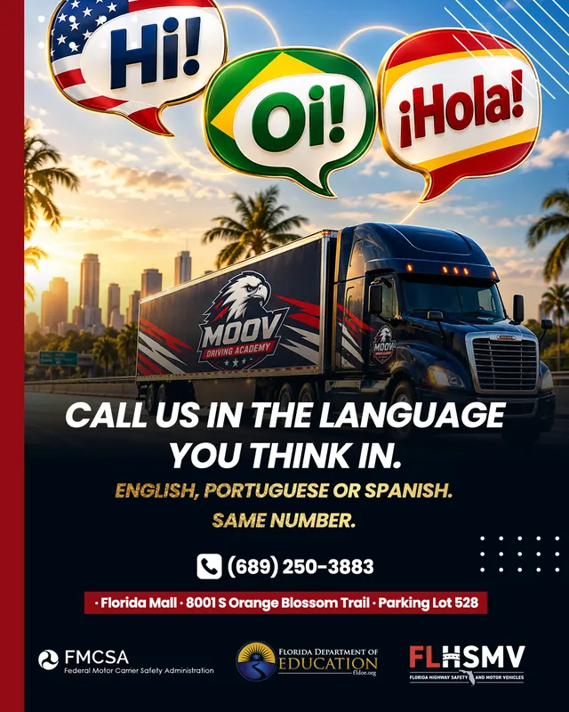 Arte para redes sociais da Moov Driving Academy: Atendimento em inglês, português e espanhol