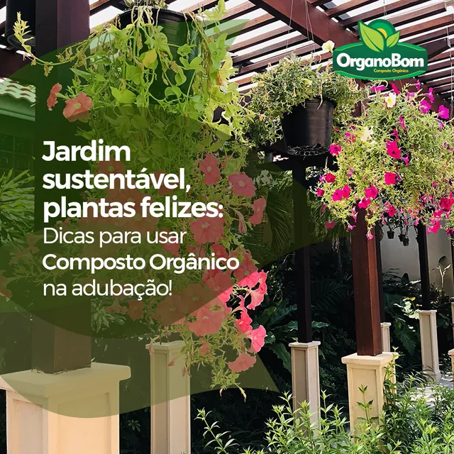 Arte para redes sociais da OrganoBom: Jardim sustentável, plantas felizes