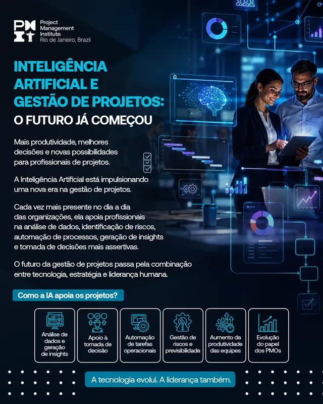 Arte para redes sociais da PMI Rio: Inteligência artificial e gestão de projetos