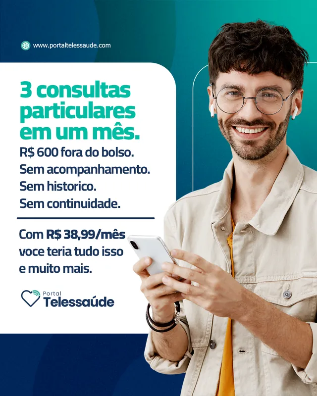 Arte para redes sociais da Portal Telessaúde: 3 consultas particulares em um mês