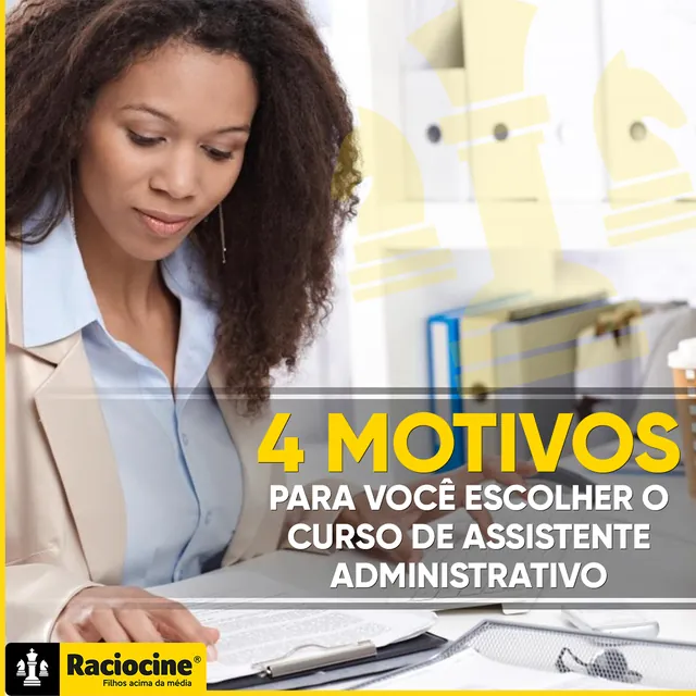 Arte para redes sociais da Raciocine: 4 motivos para fazer o curso de assistente administrativo