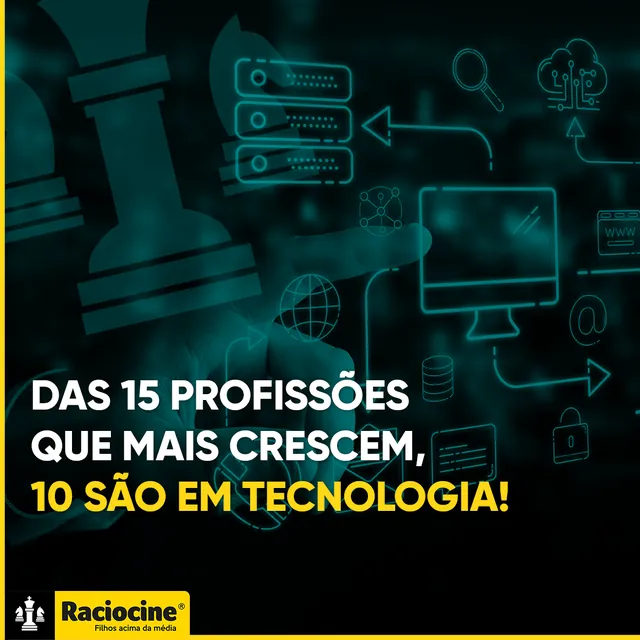 Arte para redes sociais da Raciocine: Das 15 profissões que mais crescem, 10 são em tecnologia