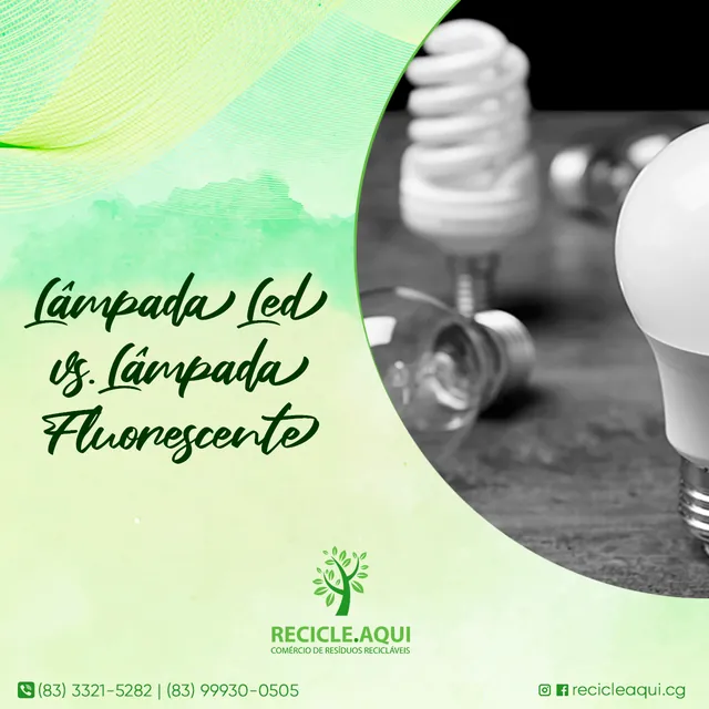 Arte para redes sociais da Recicle Aqui: Lâmpada LED vs. lâmpada fluorescente