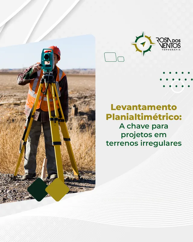 Arte para redes sociais da Rosa dos Ventos Topografia: Levantamento planialtimétrico em terrenos irregulares