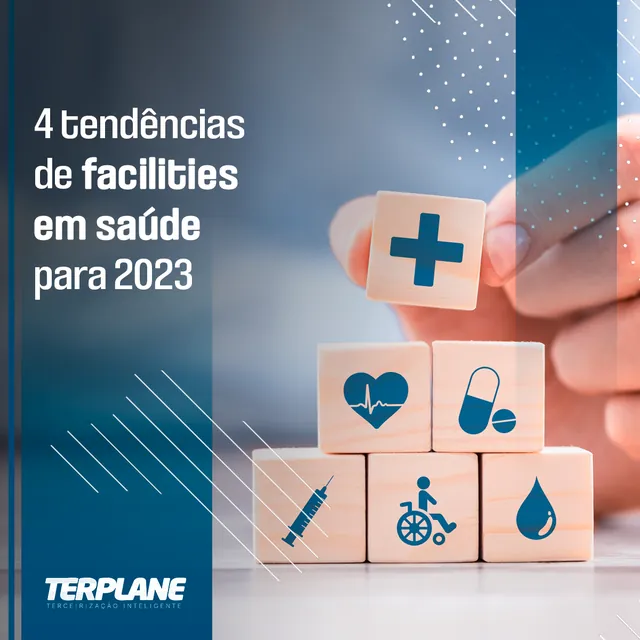 Arte para redes sociais da Terplane: 4 tendências de facilities em saúde