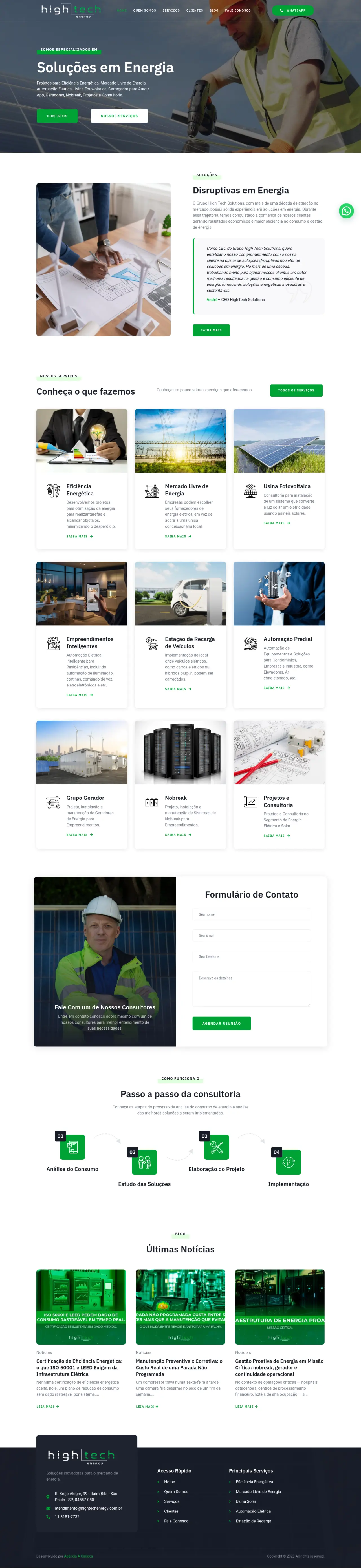 Site da High Tech Energy no computador, página inicial completa