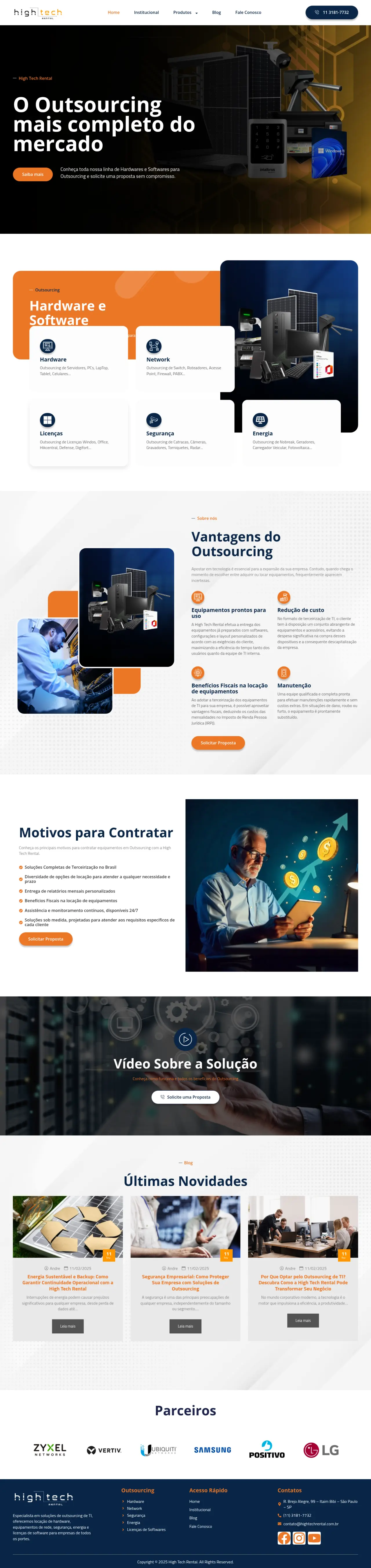 Site da High Tech Rental no computador, página inicial completa
