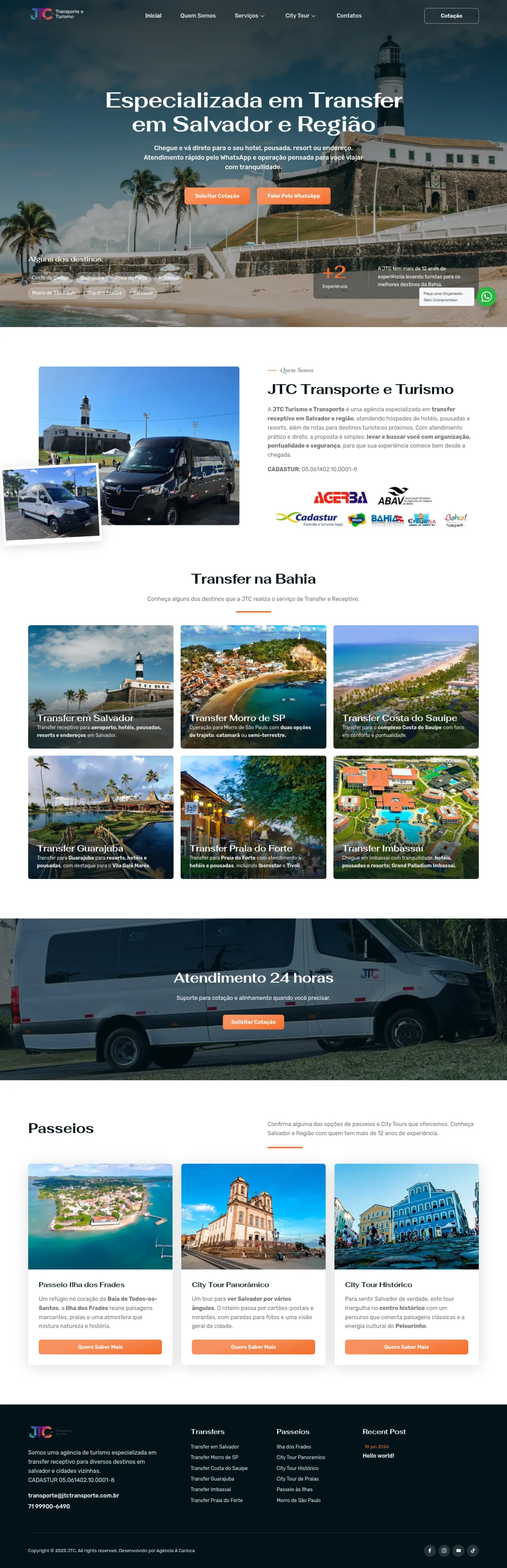 Site da JTC Turismo no computador, página inicial completa