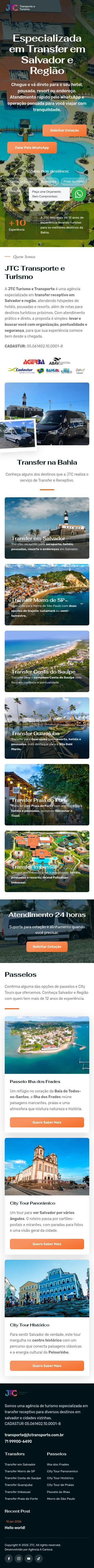 Site da JTC Turismo no celular, página inicial completa
