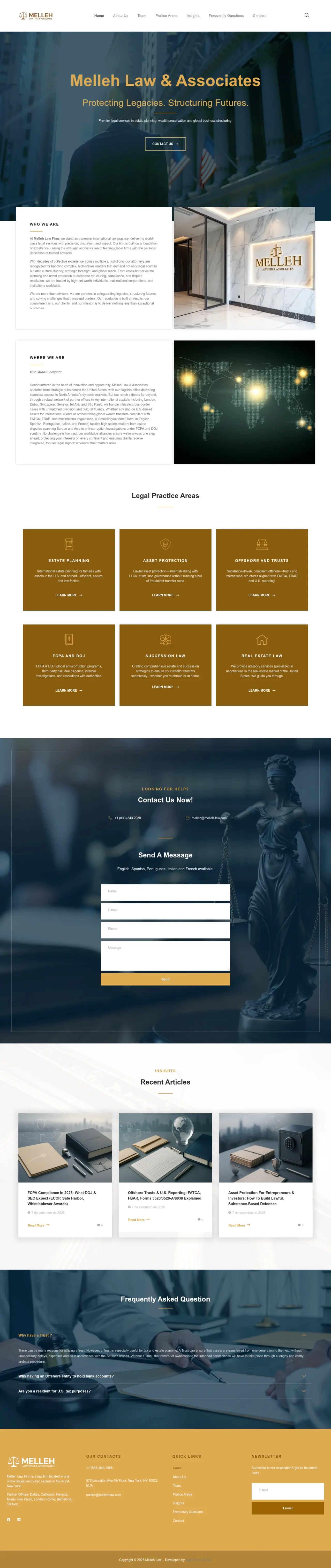 Site da Melleh Law & Associates no computador, página inicial completa